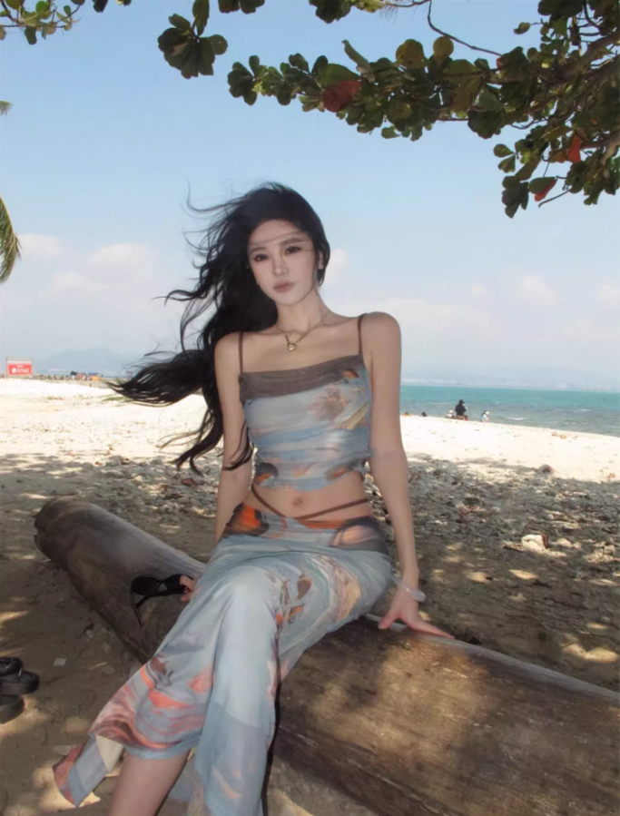 Retro Blue Tie-Dye Set Blue Crop Top Charming Maxi Skirt Two-Piece Sheath Spaghetti Strap Long Dress AP1301