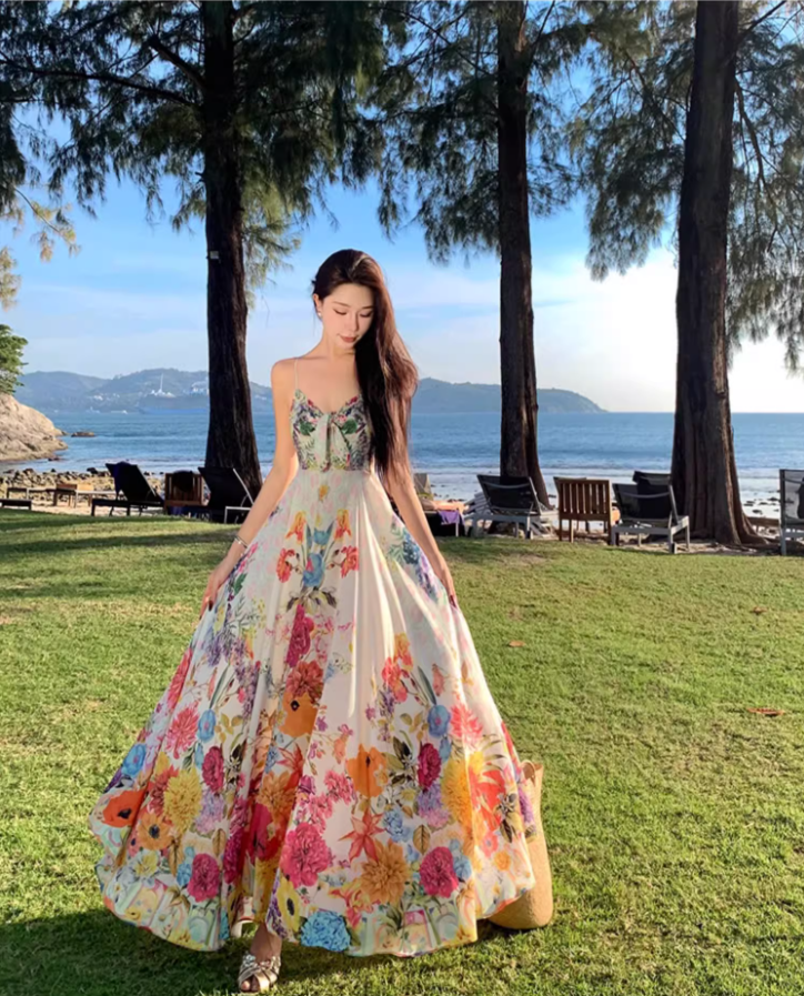 Vibrant Colorful Floral Print Maxi Dress Scenic Coastal Trips Flowy Spaghetti Strap Cinched-Waist Long Dress AP1302