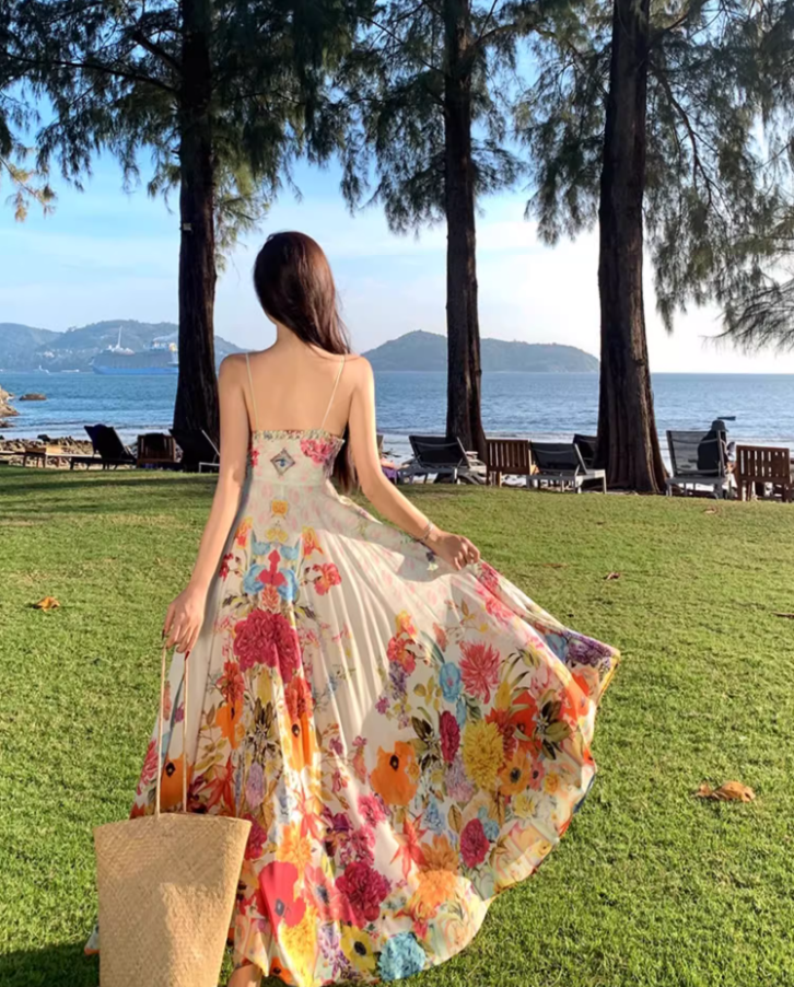 Vibrant Colorful Floral Print Maxi Dress Scenic Coastal Trips Flowy Spaghetti Strap Cinched-Waist Long Dress AP1302