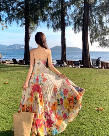 Vibrant Colorful Floral Print Maxi Dress Scenic Coastal Trips Flowy Spaghetti Strap Cinched-Waist Long Dress AP1302