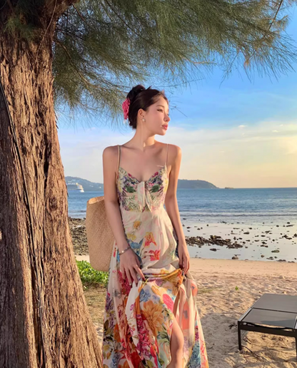 Vibrant Colorful Floral Print Maxi Dress Scenic Coastal Trips Flowy Spaghetti Strap Cinched-Waist Long Dress AP1302