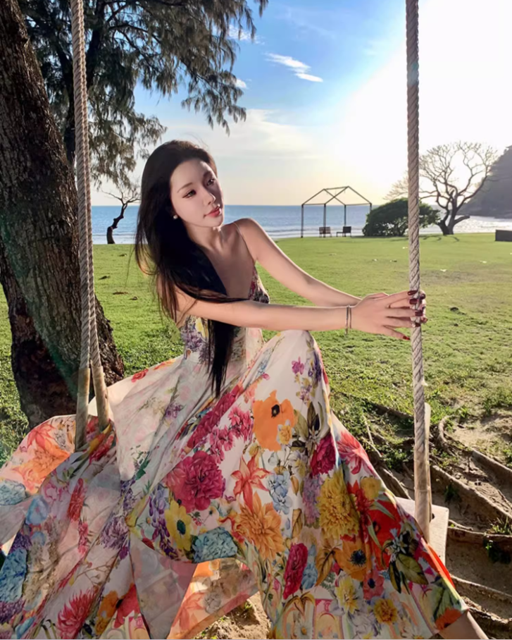 Vibrant Colorful Floral Print Maxi Dress Scenic Coastal Trips Flowy Spaghetti Strap Cinched-Waist Long Dress AP1302