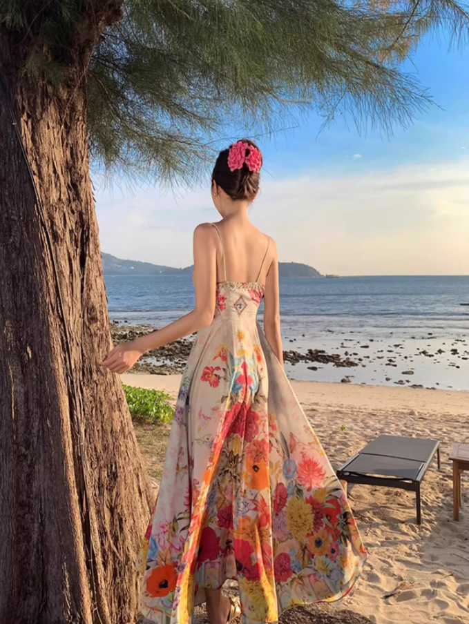 Vibrant Colorful Floral Print Maxi Dress Scenic Coastal Trips Flowy Spaghetti Strap Cinched-Waist Long Dress AP1302