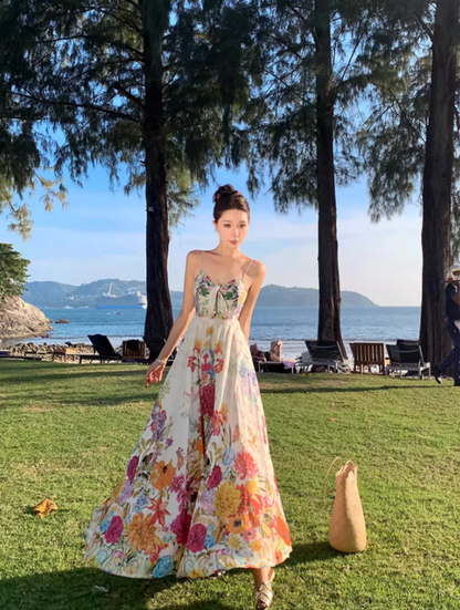 Vibrant Colorful Floral Print Maxi Dress Scenic Coastal Trips Flowy Spaghetti Strap Cinched-Waist Long Dress AP1302