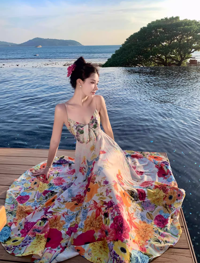 Vibrant Colorful Floral Print Maxi Dress Scenic Coastal Trips Flowy Spaghetti Strap Cinched-Waist Long Dress AP1302