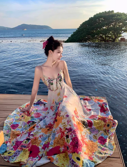 Vibrant Colorful Floral Print Maxi Dress Scenic Coastal Trips Flowy Spaghetti Strap Cinched-Waist Long Dress AP1302