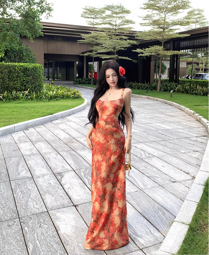 Vintage Colorful Floral Print Maxi Dress Beach Vacays Chic Sheath Spaghetti Strap Open Back Long Dress AP1303