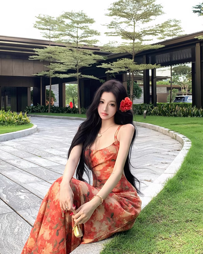 Vintage Colorful Floral Print Maxi Dress Beach Vacays Chic Sheath Spaghetti Strap Open Back Long Dress AP1303