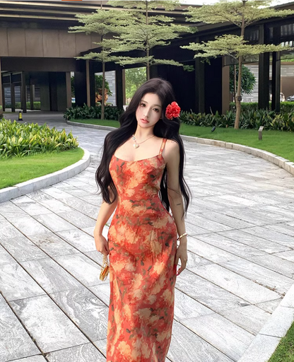 Vintage Colorful Floral Print Maxi Dress Beach Vacays Chic Sheath Spaghetti Strap Open Back Long Dress AP1303