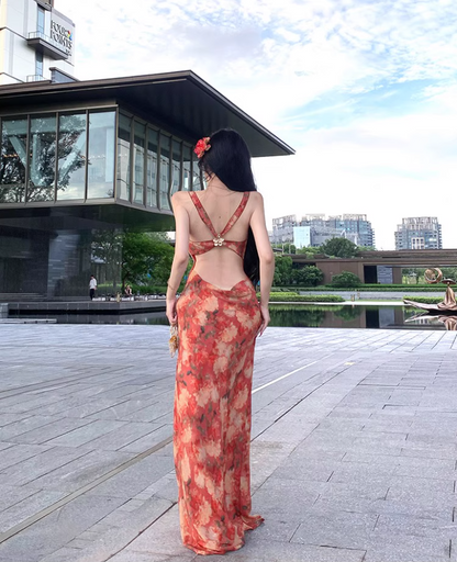 Vintage Colorful Floral Print Maxi Dress Beach Vacays Chic Sheath Spaghetti Strap Open Back Long Dress AP1303