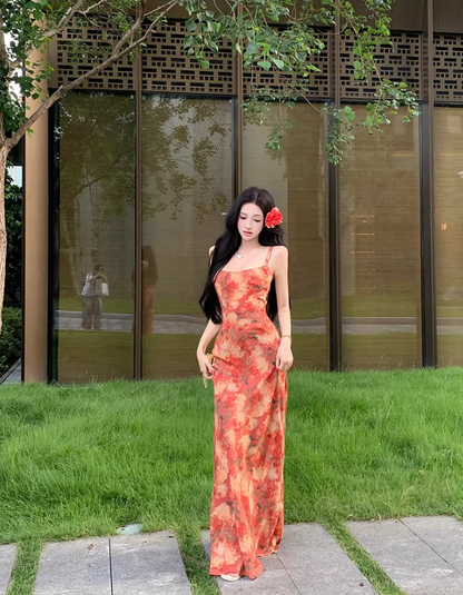 Vintage Colorful Floral Print Maxi Dress Beach Vacays Chic Sheath Spaghetti Strap Open Back Long Dress AP1303