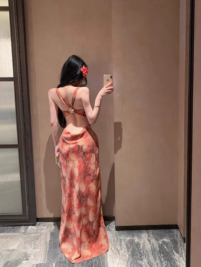 Vintage Colorful Floral Print Maxi Dress Beach Vacays Chic Sheath Spaghetti Strap Open Back Long Dress AP1303