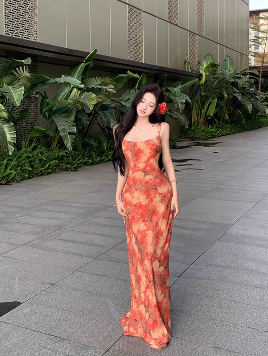 Vintage Colorful Floral Print Maxi Dress Beach Vacays Chic Sheath Spaghetti Strap Open Back Long Dress AP1303