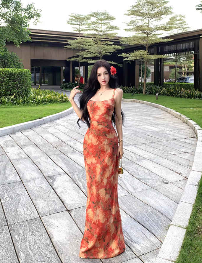 Vintage Colorful Floral Print Maxi Dress Beach Vacays Chic Sheath Spaghetti Strap Open Back Long Dress AP1303