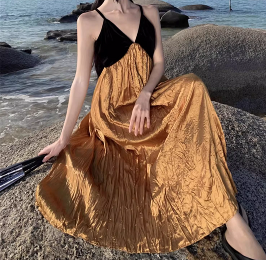 Vintage Color-Block Sheen Fabric Maxi Dress Beach Vacays Scenic Coastal Trips Spaghetti Strap Flowy Long Dress AP1304