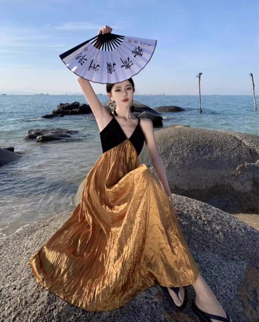 Vintage Color-Block Sheen Fabric Maxi Dress Beach Vacays Scenic Coastal Trips Spaghetti Strap Flowy Long Dress AP1304