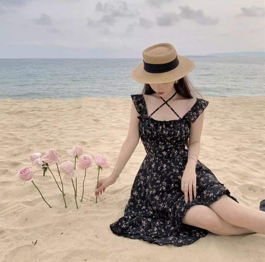 Retro Black Floral Print Maxi Dress Hi-Lo Ruffles Hem Flowy Elegant Halter Long Dress AP1305