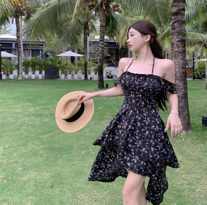 Retro Black Floral Print Maxi Dress Hi-Lo Ruffles Hem Flowy Elegant Halter Long Dress AP1305