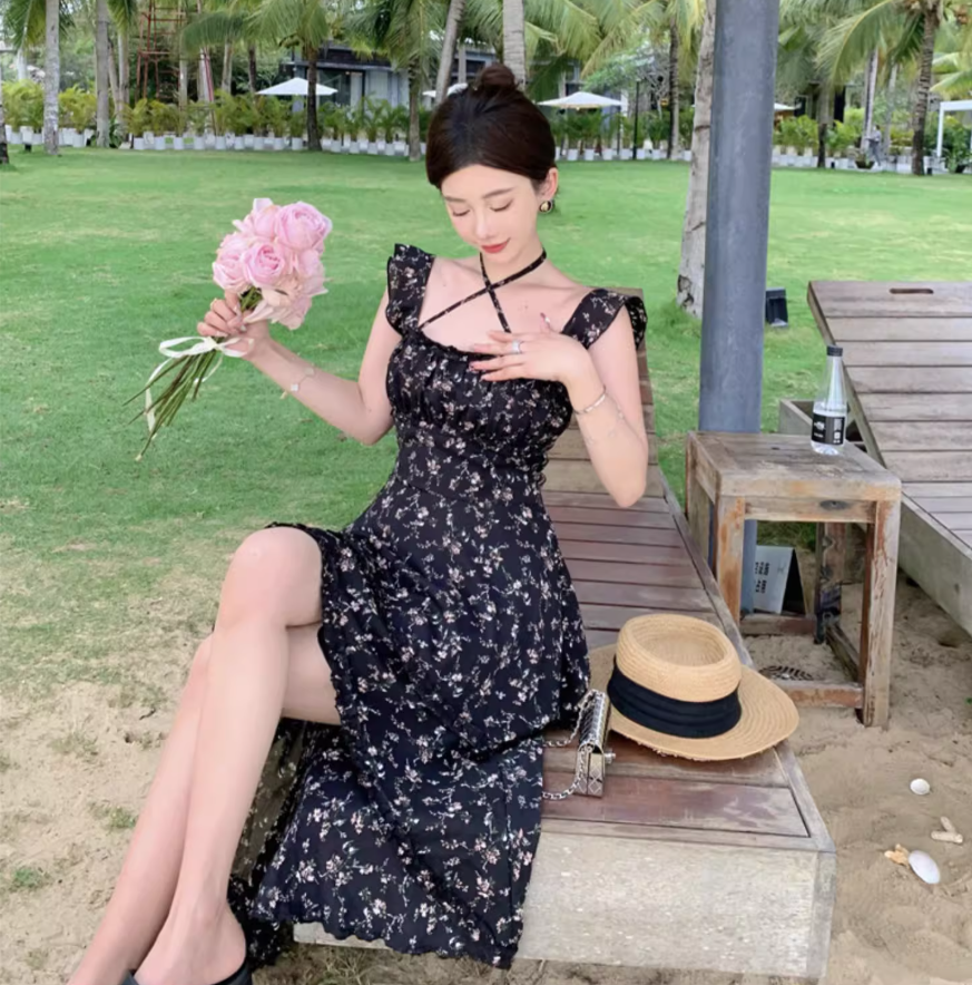 Retro Black Floral Print Maxi Dress Hi-Lo Ruffles Hem Flowy Elegant Halter Long Dress AP1305