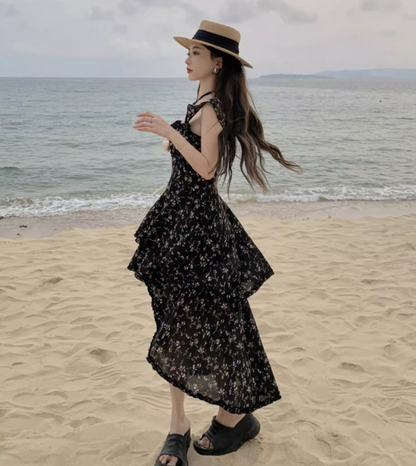 Retro Black Floral Print Maxi Dress Hi-Lo Ruffles Hem Flowy Elegant Halter Long Dress AP1305