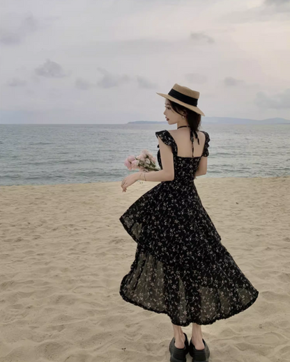 Retro Black Floral Print Maxi Dress Hi-Lo Ruffles Hem Flowy Elegant Halter Long Dress AP1305