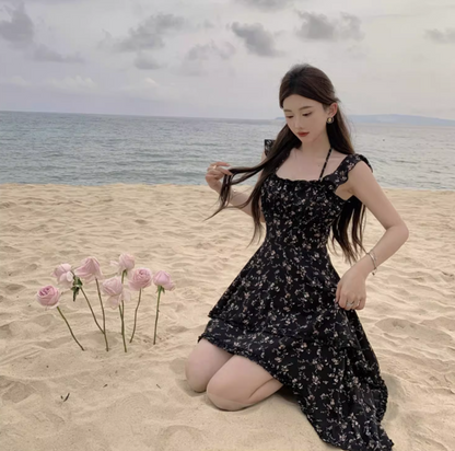 Retro Black Floral Print Maxi Dress Hi-Lo Ruffles Hem Flowy Elegant Halter Long Dress AP1305