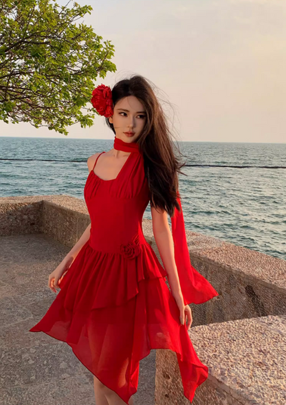 Sexy Flower Ornament Red A-Line Short Skirt Sweet Girls Tiered Ruffles Hem Short Dress AP1306