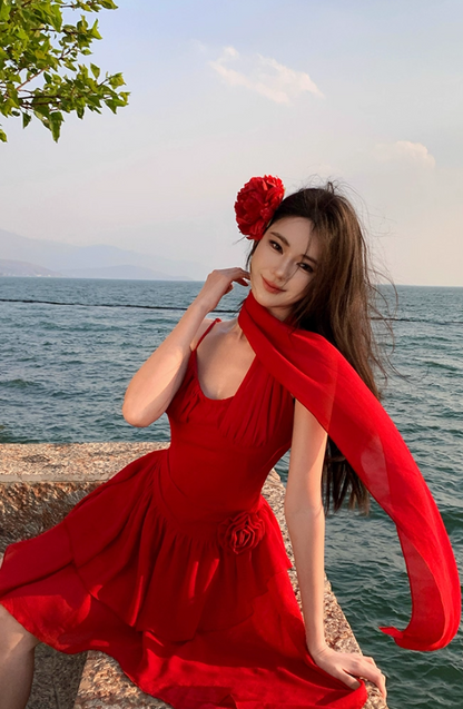 Sexy Flower Ornament Red A-Line Short Skirt Sweet Girls Tiered Ruffles Hem Short Dress AP1306