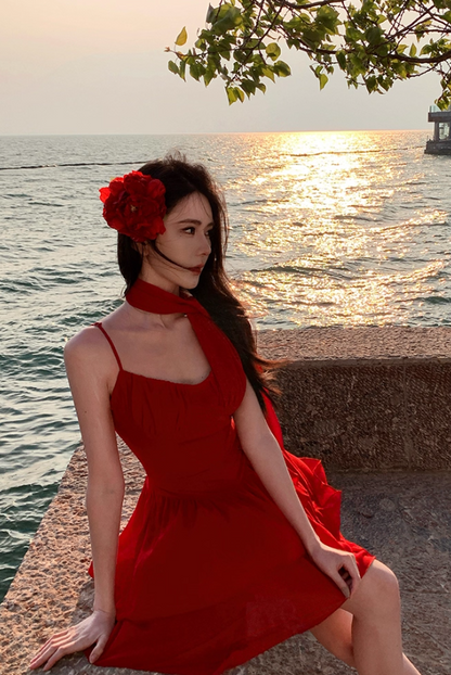 Sexy Flower Ornament Red A-Line Short Skirt Sweet Girls Tiered Ruffles Hem Short Dress AP1306