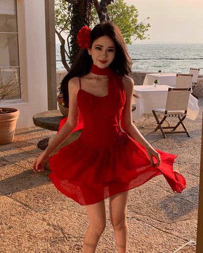 Sexy Flower Ornament Red A-Line Short Skirt Sweet Girls Tiered Ruffles Hem Short Dress AP1306