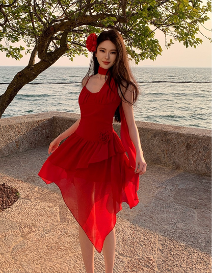 Sexy Flower Ornament Red A-Line Short Skirt Sweet Girls Tiered Ruffles Hem Short Dress AP1306