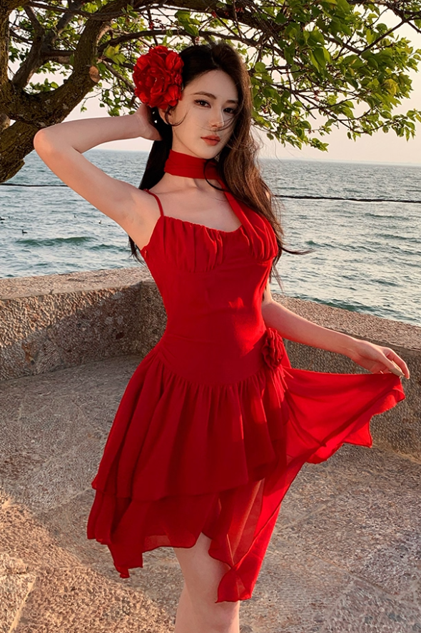 Sexy Flower Ornament Red A-Line Short Skirt Sweet Girls Tiered Ruffles Hem Short Dress AP1306