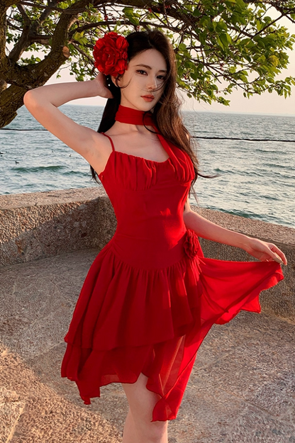 Sexy Flower Ornament Red A-Line Short Skirt Sweet Girls Tiered Ruffles Hem Short Dress AP1306