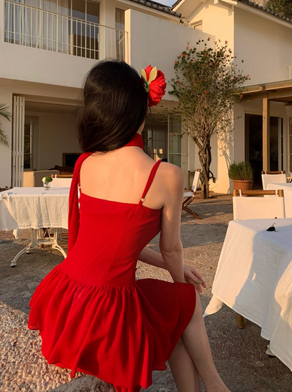 Sexy Flower Ornament Red A-Line Short Skirt Sweet Girls Tiered Ruffles Hem Short Dress AP1306