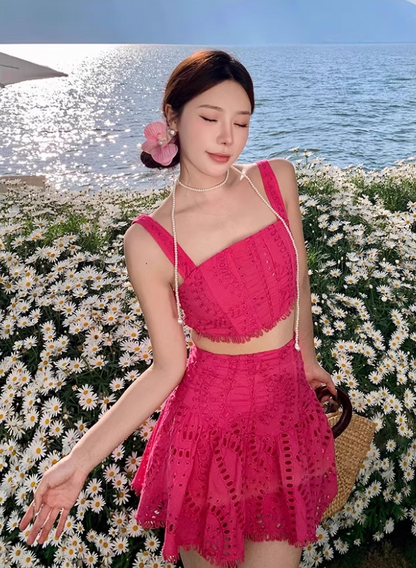 Hot Girls Y2K Pink Two-Piece Tiered Short Skirt Gen Z Summer Vacation Outfit Cutout Short Dress AP1307