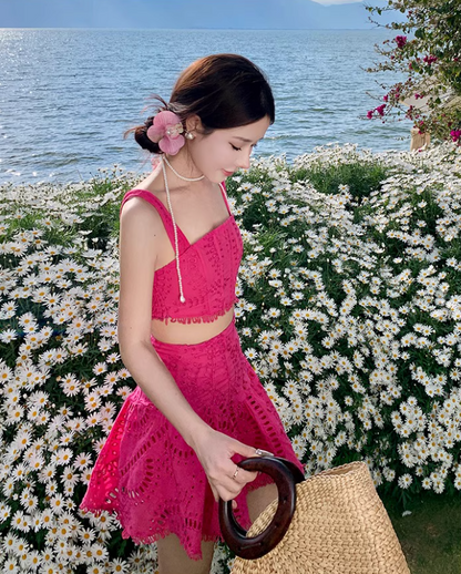 Hot Girls Y2K Pink Two-Piece Tiered Short Skirt Gen Z Summer Vacation Outfit Cutout Short Dress AP1307