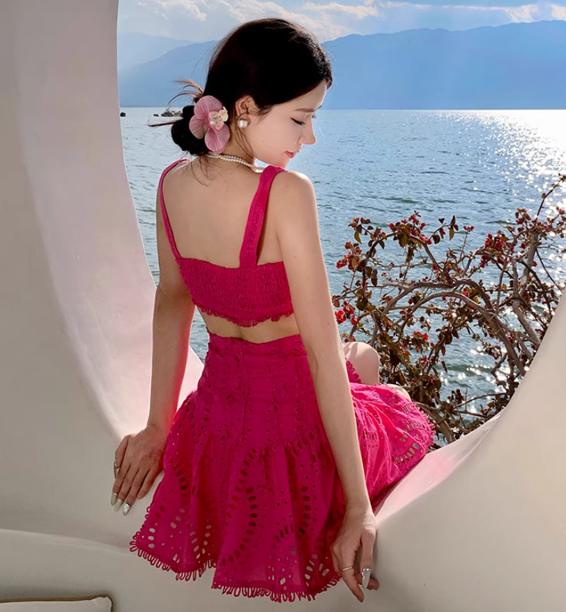 Hot Girls Y2K Pink Two-Piece Tiered Short Skirt Gen Z Summer Vacation Outfit Cutout Short Dress AP1307