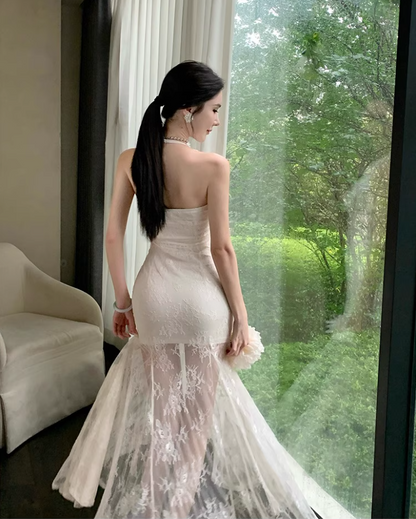French-Inspired Sheer Lace Overlay Maxi Dress Mermaid Backless Applique Halter Long Dress AP1308