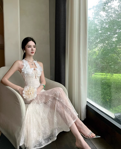 French-Inspired Sheer Lace Overlay Maxi Dress Mermaid Backless Applique Halter Long Dress AP1308