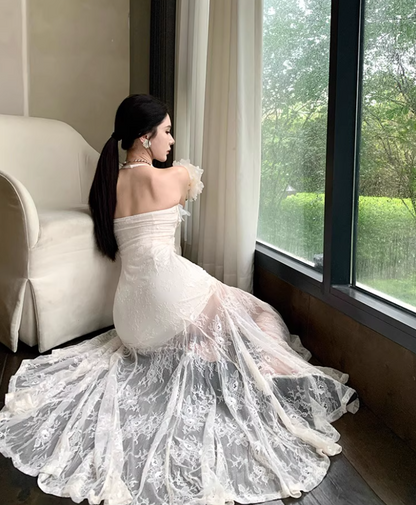 French-Inspired Sheer Lace Overlay Maxi Dress Mermaid Backless Applique Halter Long Dress AP1308