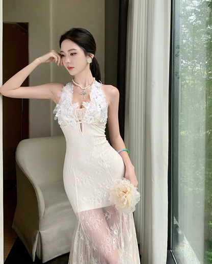 French-Inspired Sheer Lace Overlay Maxi Dress Mermaid Backless Applique Halter Long Dress AP1308