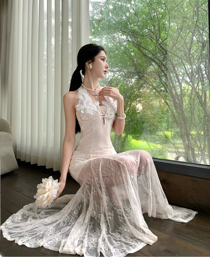 French-Inspired Sheer Lace Overlay Maxi Dress Mermaid Backless Applique Halter Long Dress AP1308