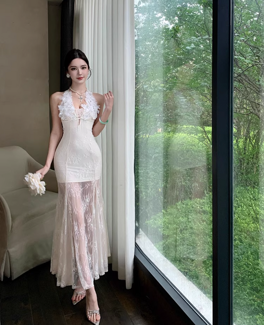 French-Inspired Sheer Lace Overlay Maxi Dress Mermaid Backless Applique Halter Long Dress AP1308