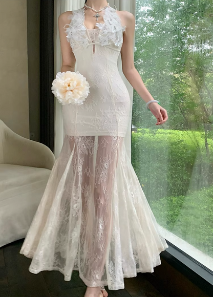 French-Inspired Sheer Lace Overlay Maxi Dress Mermaid Backless Applique Halter Long Dress AP1308