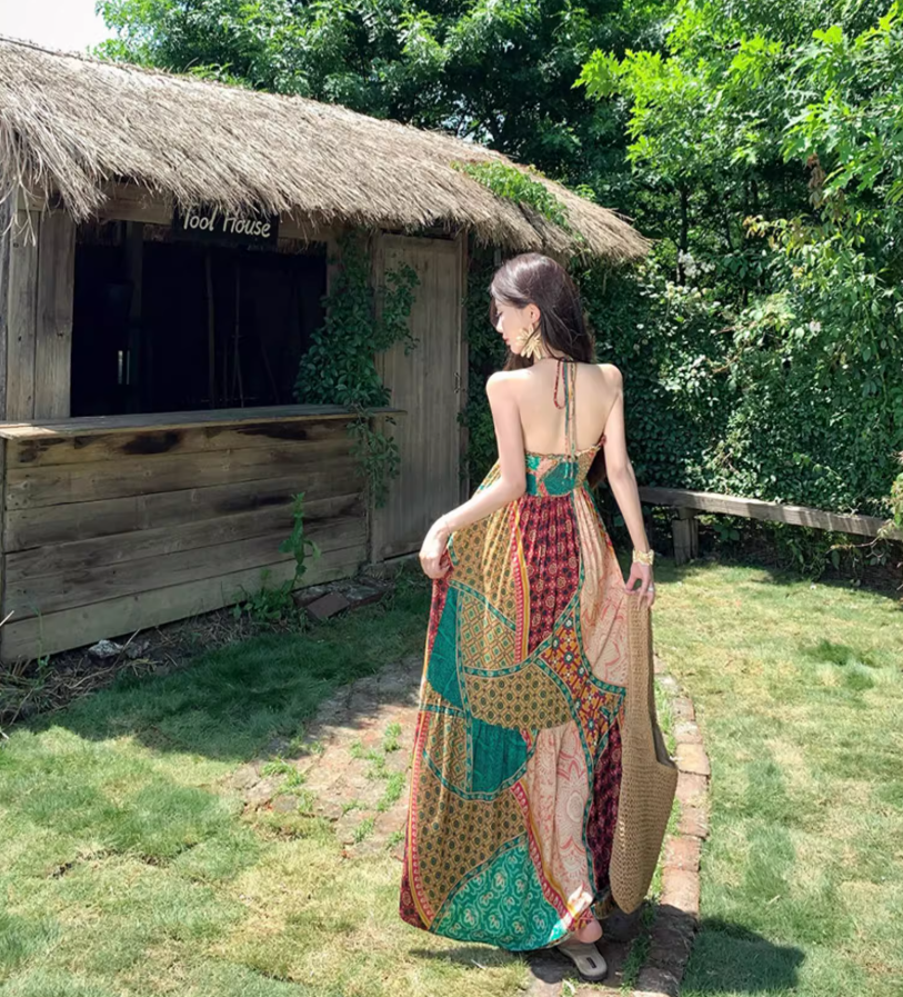 Boho-Inspired Color-Block Hollow-Out Maxi Dress Flowy Vintage Adjustable Halter Long Dress AP1309
