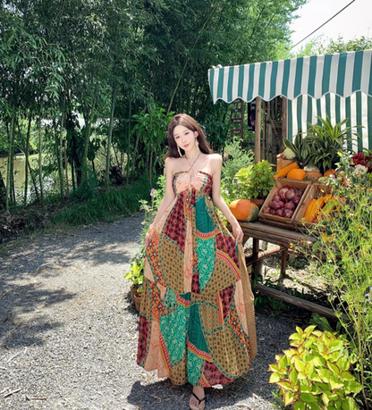 Boho-Inspired Color-Block Hollow-Out Maxi Dress Flowy Vintage Adjustable Halter Long Dress AP1309