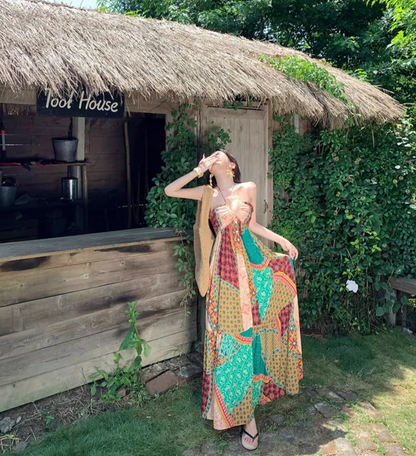 Boho-Inspired Color-Block Hollow-Out Maxi Dress Flowy Vintage Adjustable Halter Long Dress AP1309