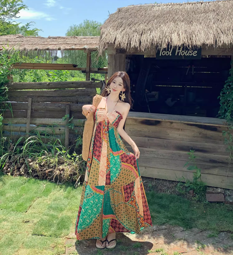 Boho-Inspired Color-Block Hollow-Out Maxi Dress Flowy Vintage Adjustable Halter Long Dress AP1309