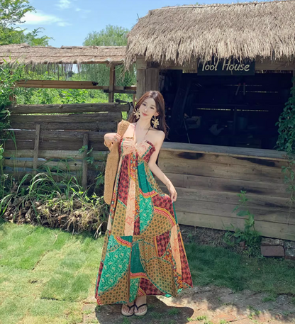 Boho-Inspired Color-Block Hollow-Out Maxi Dress Flowy Vintage Adjustable Halter Long Dress AP1309