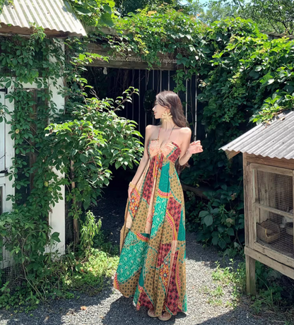 Boho-Inspired Color-Block Hollow-Out Maxi Dress Flowy Vintage Adjustable Halter Long Dress AP1309